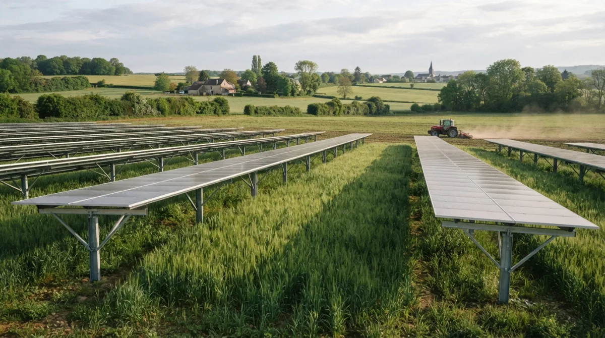 Panneaux photovoltaïques surélevés au-dessus d'une parcelle cultivée, avec un tracteur au loin dans un paysage rural
