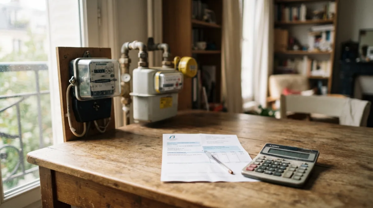 Compteurs d’énergie et facture posés sur une table dans un logement