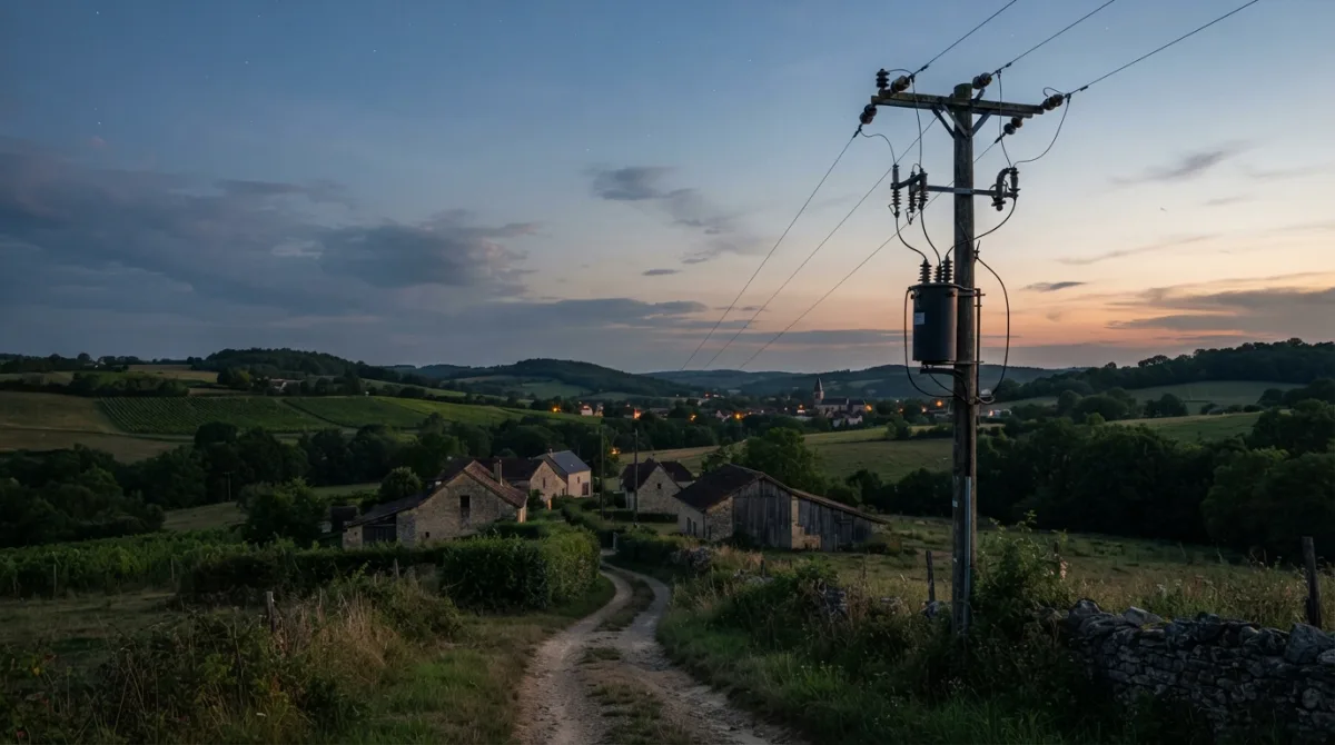 Lignes et transformateur du réseau public de distribution d'électricité au crépuscule