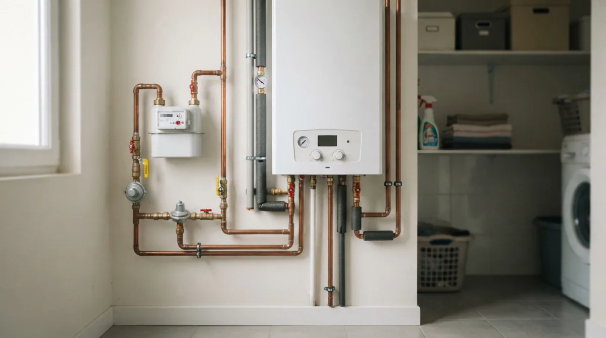 Compteur de gaz et chaudière murale dans un local technique d'un logement